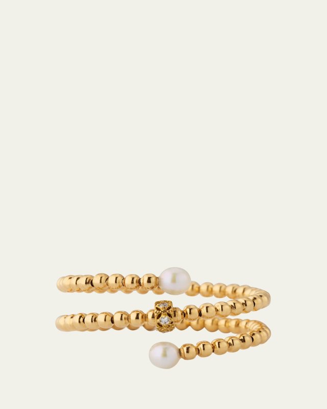 18K Yellow Gold Diadem Double Wrap Center Diamond and Mini Pearl Ring